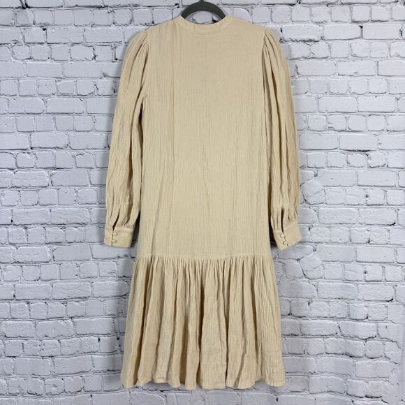 Bl_ank Gauze Crinkled Cotton Dress Long Sleeves Beige Womens S Boho Cottagecore - Picture 7 of 9